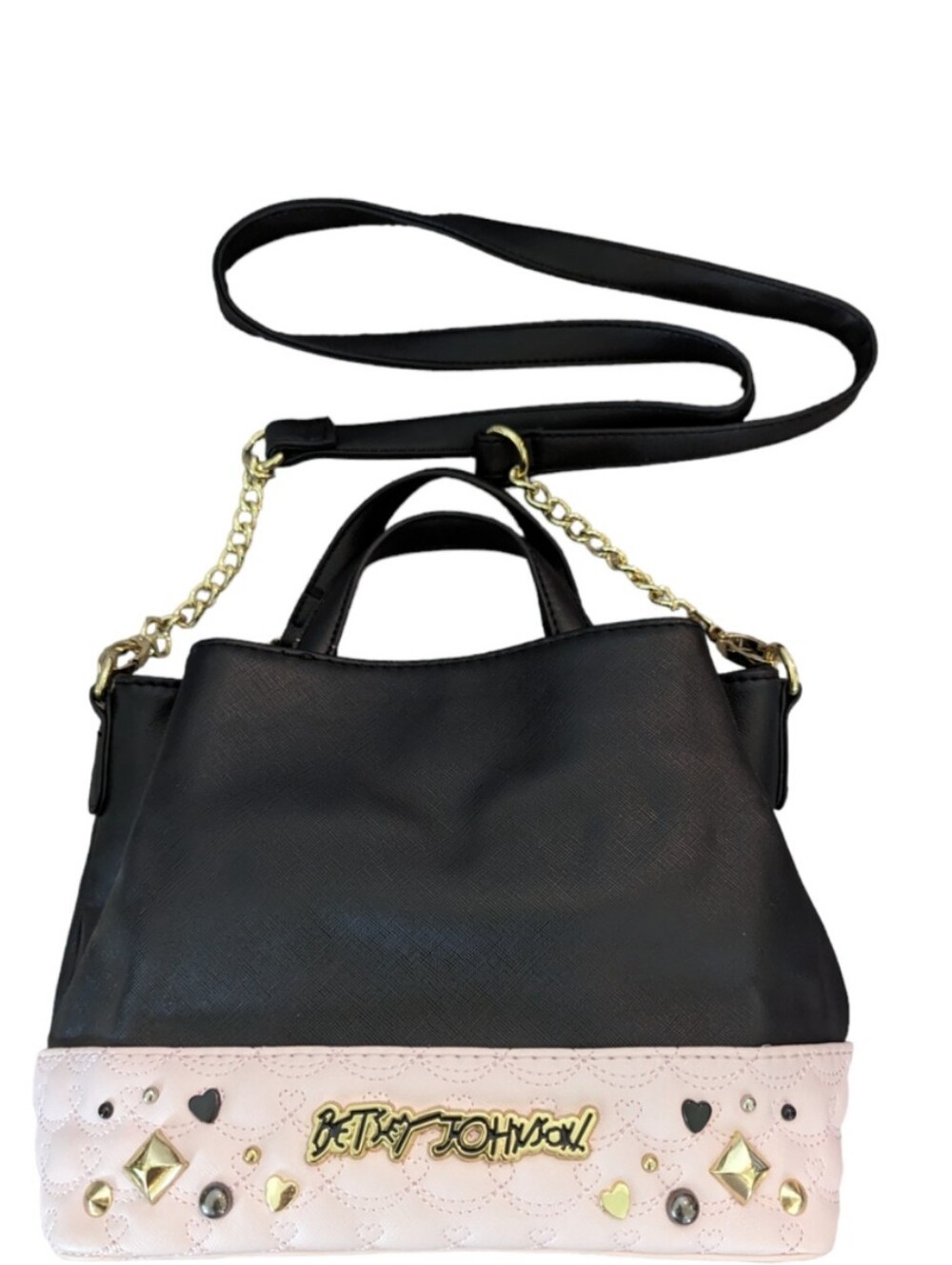 Betsey Johnson Black Pink Quilted Heart Studded Satchel Crossbody Bag